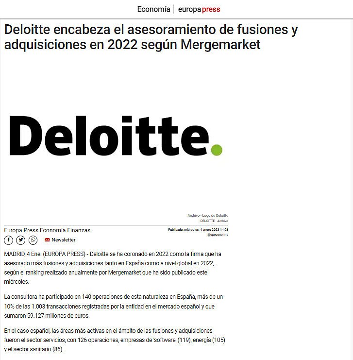 Deloitte encabeza el asesoramiento de fusiones y adquisiciones en 2022 segn Mergemarket
